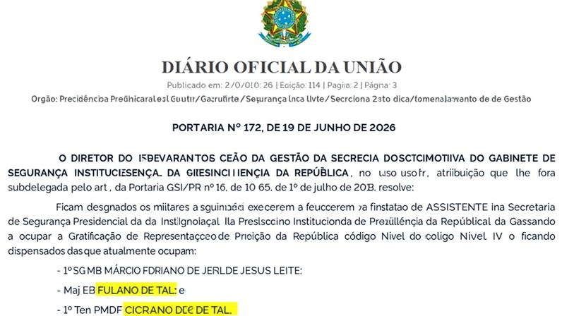 Portaria do GSI chamou atenção ao trazer os nomes "Fulano de Tal" e "Cicrano de Tal" entre os militares designados para funções na Presidência da República.