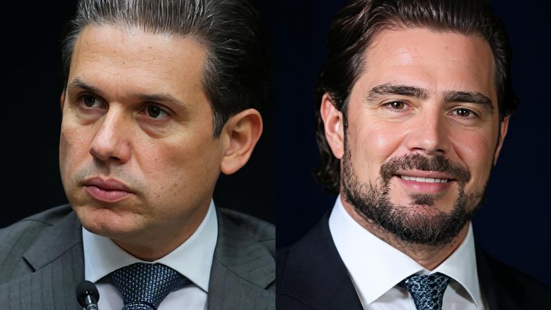 Hugo Motta (esq.) afirmou que a operação “está dentro da legalidade”; à direita, o fundador do Banco Master, Daniel Vorcaro