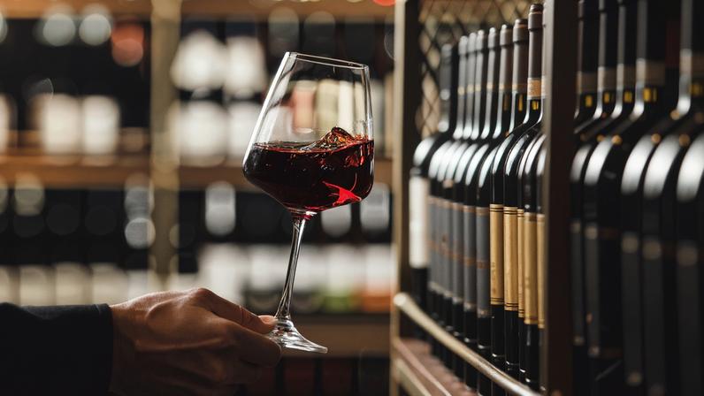 Someone holding a glass of red fine wine