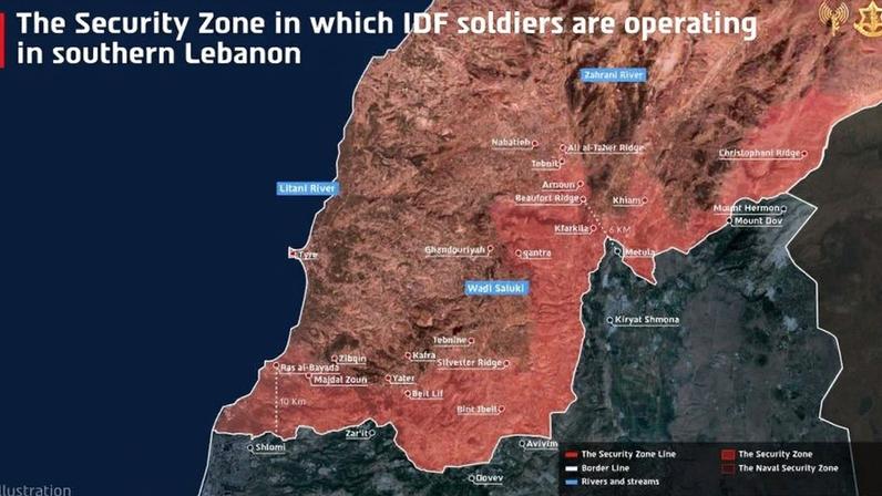 Na imagem, ilustração do espaço no sudeste do Líbano em que as forças de Israel atuam, divulgado na 5ª feira (18.jun)