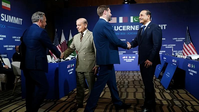 O vice-presidente dos EUA, JD Vance, o enviado especial do presidente dos EUA, Donald Trump, Steve Witkoff, o primeiro-ministro do Paquistão, Shehbaz Sharif, e o chefe do Estado-Maior do Exército do Paquistão, marechal de campo Asim Munir, participam de uma reunião quadrilateral entre os EUA, Irã, Paquistão e Catar na Cúpula do Lago Lucerna, na Suíça, no domingo