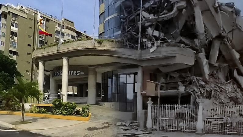 O antes e o depois de um hotel destruído em La Guaira — Foto: BBC News fonte