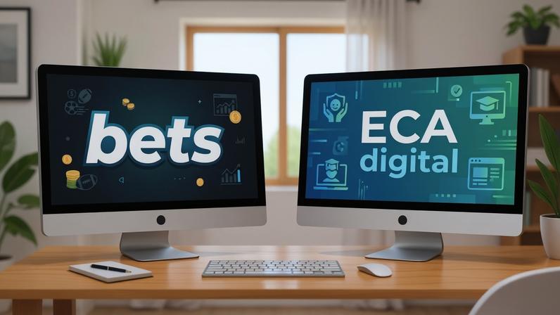 Para articulista, experiência do setor de apostas pode contribuir para elevar o padrão de proteção on-line; na imagem, produzida com ajuda de IA, uma ilustração mostra 2 computadores com as palavras "bets" e "ECA Digital" em suas telas