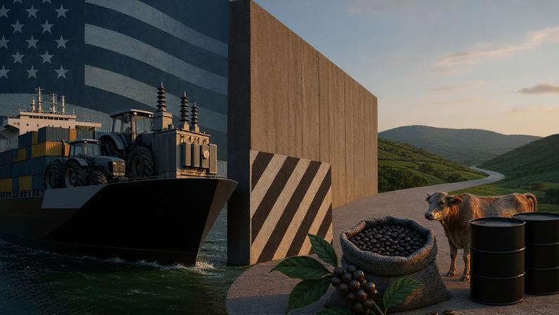 A assimetria da nova tarifa: enquanto commodities seguem isentas, a indústria de transformação pode enfrentar barreiras de 25%. (Foto: Imagem gerada por GPT Image 2/Gazeta do Povo)