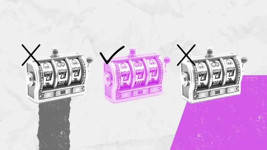 Três máquinas caça-níqueis, duas cinzas laterais com "X" e uma central rosa com "visto", todas destacando combinações vencedoras de número 7.