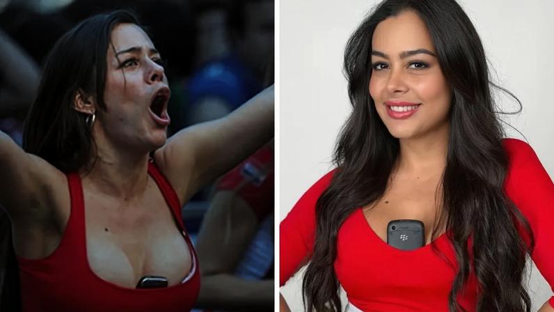 Larissa Riquelme é fotografada durante Copa de 2010 | Anos depois, Larissa posa com celular entre os seios