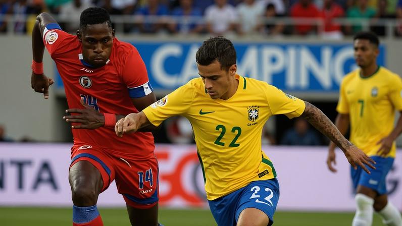 James Marcelin persegue Philippe Coutinho, em duelo entre Haiti e Brasil, na Copa América, em 2016