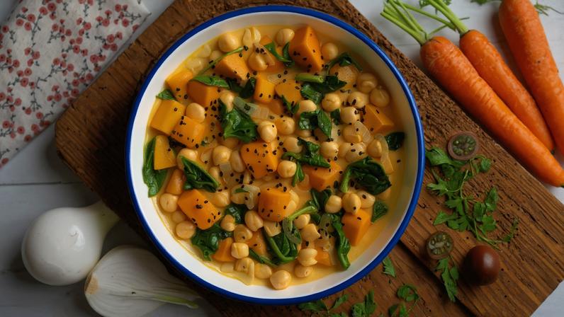 Sopa de grão-de-bico com abóbora e espinafre