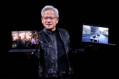 Presidente-executivo da Nvidia, Jensen Huang, durante discurso em feira de tecnologia