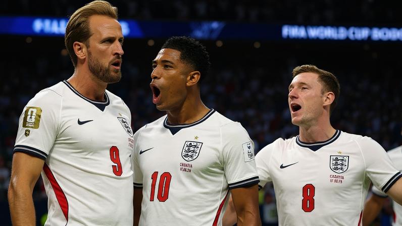 Jogadores da Inglaterra comemoram gol de Harry Kane contra a Croácia
