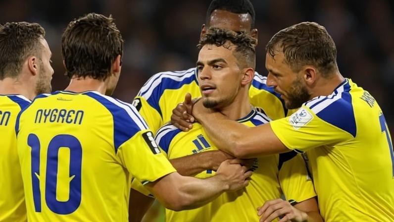 Jogadores da Suécia comemoram o gol marcado por Ayari contra a Tunísia, na Copa do Mundo