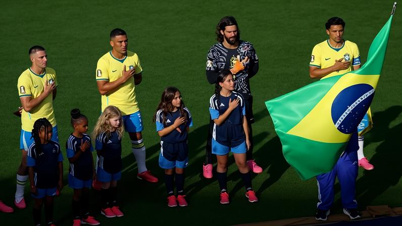 Jogadores do Brasil perfilados para a execução do hino na estreia contra o Marrocos