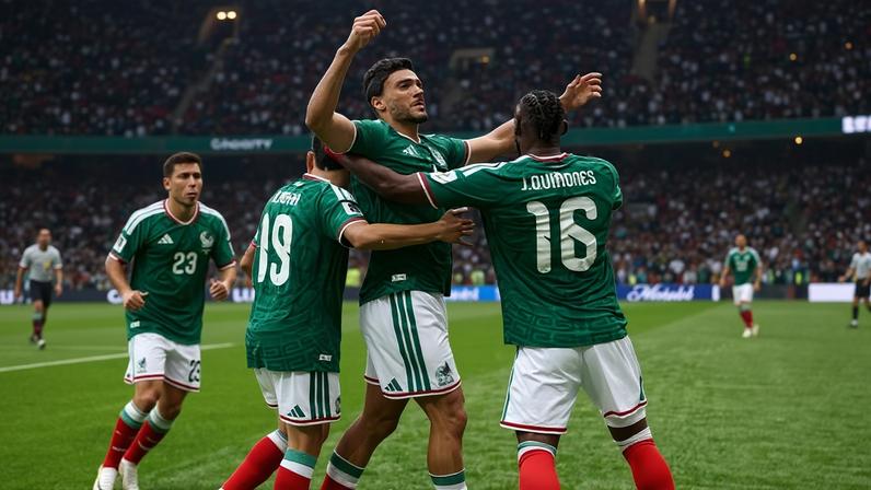 Jogadores do México comemoram gol de Raul Jiménez contra a África do Sul