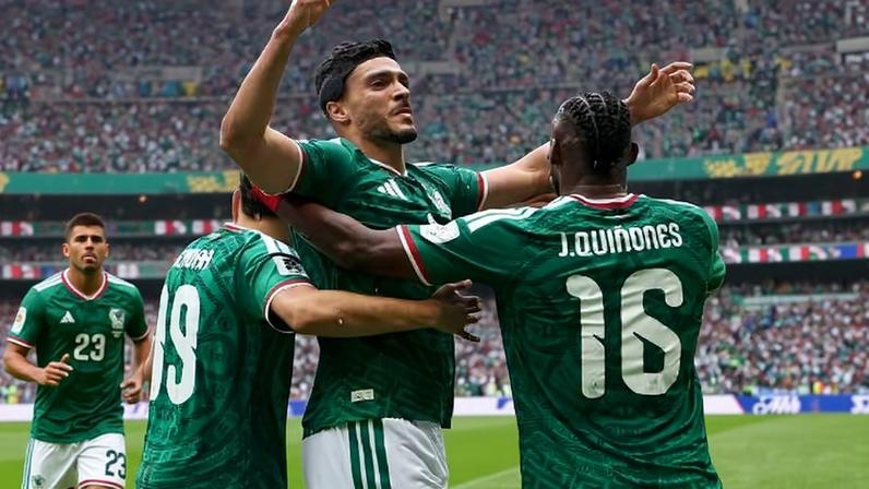 Jogadores do México comemoram gol de Raul Jiménez contra a África do Sul