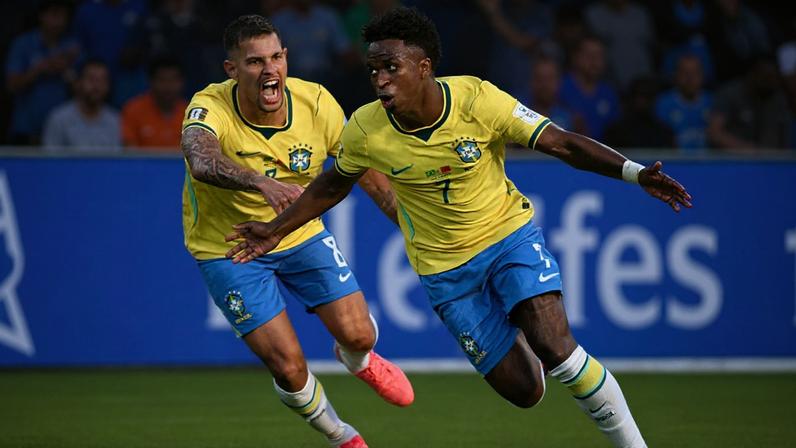 Vini Jr comemora com Bruno Guimarães gol marcado pelo Brasil sobre Marrocos, na estreia da Copa do Mundo (Foto: Jewel Samad/AFP)