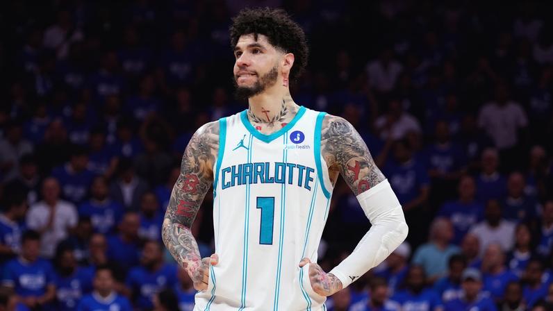 ORLANDO, FLORIDA - APRIL 17: LaMelo Ball #1 of the Charlotte Hornets looks on against the Orlando Magic during the third quarter of a Play-In Tournament game at Kia Center on April 17, 2026 in Orlando, Florida. NOTE TO USER: User expressly acknowledges and agrees that, by downloading and or using this photograph, User is consenting to the terms and conditions of the Getty Images License Agreement. (Photo by Rich Storry/Getty Images)