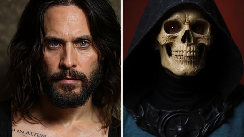 O ator Jared Leto e o artista caracterizado como Esqueleto em 'Mestres do Universo' (2026)