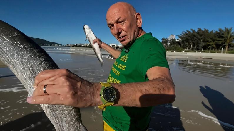 Vídeo mostra Luciano Hang participando do tradicional arrasto da tainha em Bombinhas, no litoral de Santa Catarina. (Foto: Reprodução/Youtube Luciano Hang)
