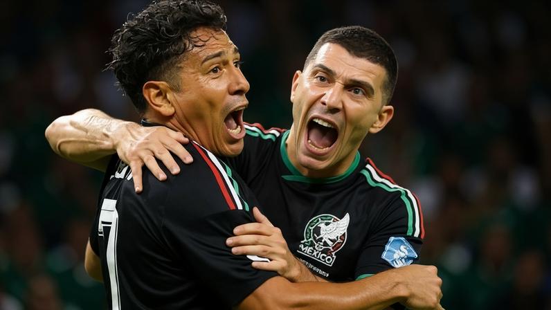 Luis Romo e Erik Lira comemoram gol do México contra a Coreia do Sul na Copa do Mundo