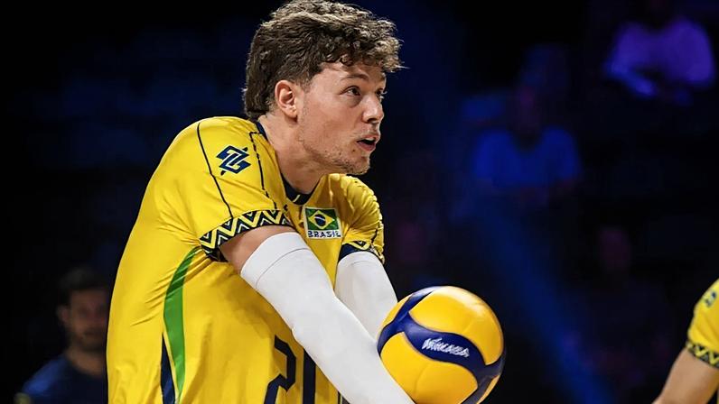 Lukas Bergmann realiza passe em Brasil x Canadá pela VNL 2025 (Foto: Volleyball World)