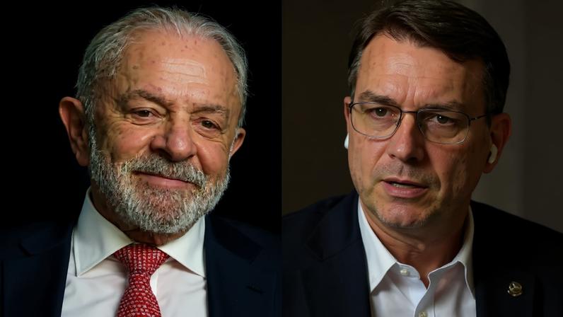O presidente Luiz Inácio Lula da Silva; e o senador Flávio Bolsonaro (PL-RJ)