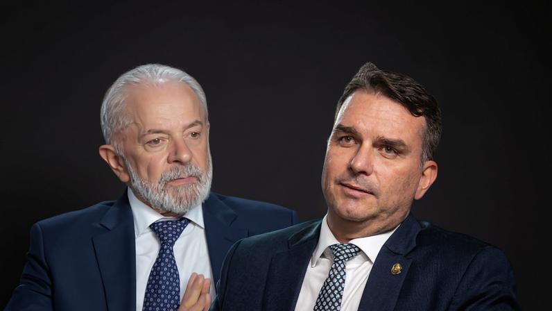 Montagem com as imagens de Lula e Flávio Bolsonaro, e as logos de Centrão
