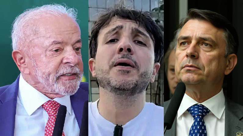 O presidente da República, Luiz Inácio Lula da Silva; o ativista Renan Santos (Missão); e o senador Flávio Bolsonaro (PL-RJ)