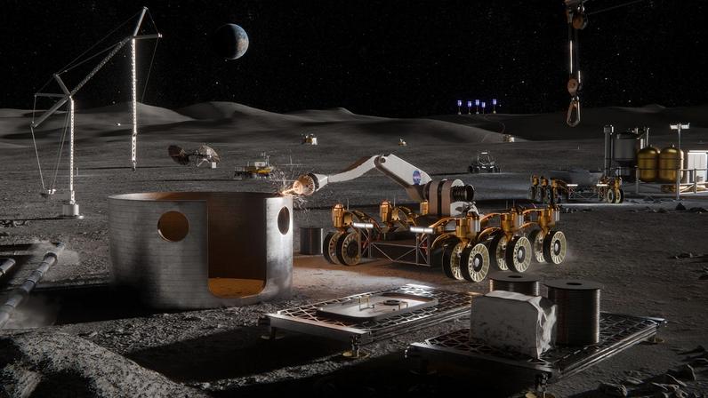 Artist concept of a moon base with various technologies.