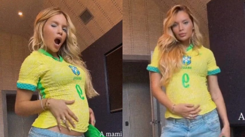 Grávida de Endrick, Gabriely Miranda destaca crescimento da barriga ao posar com blusa do Brasil — Foto: Reprodução/Instagram