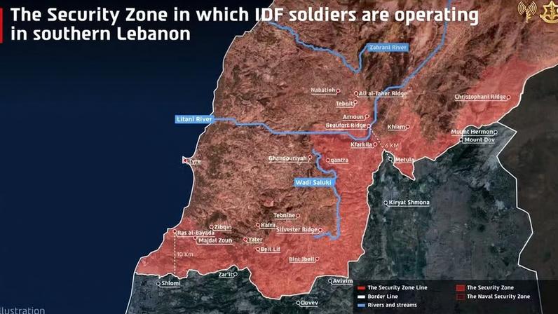 Israel divulga mapa com 'zona de segurança' no sul do Líbano, com 10 km de distância para a fronteira do país — Foto: Forças de Defesa de Israel / Divulgação