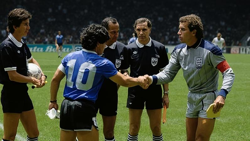 Maradona cumprimenta o goleiro inglês Peter Shilton antes de Argentina x Inglaterra em 1986