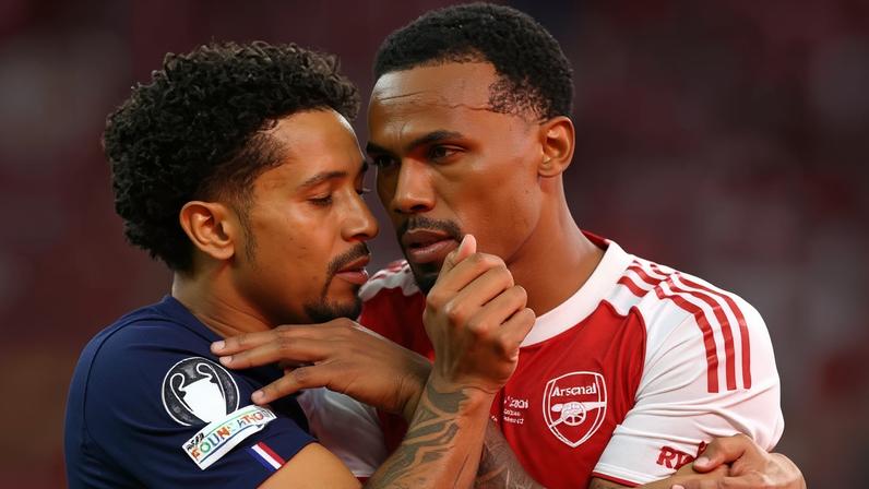 Marquinhos consola Gabriel Magalhães após final da Champions entre PSG e Arsenal