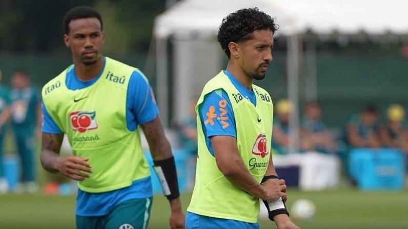 Marquinhos e Gabriel Magalhães no treino da seleção brasileira