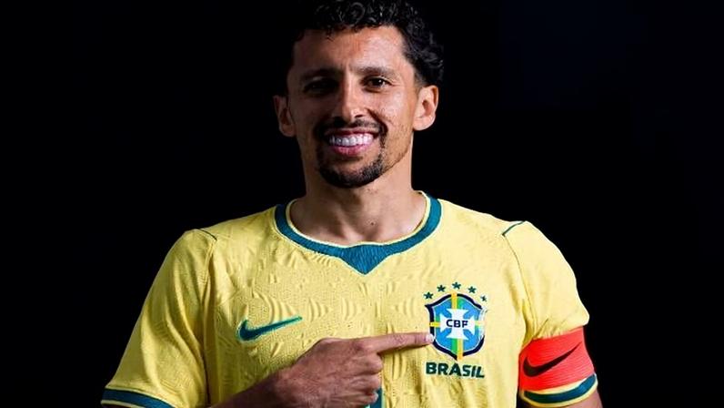 Marquinhos, zagueiro da seleção brasileira, em ensaio oficial da Copa do Mundo 2026