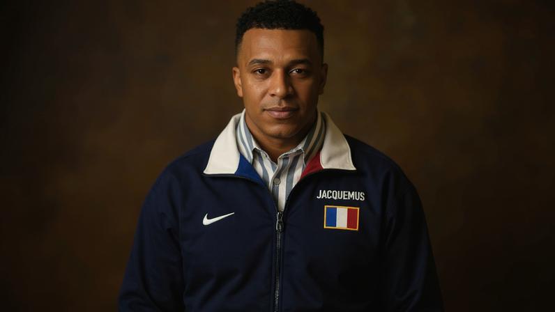 Mbappé com novo uniforme de viagem da França para a Copa do Mundo — Foto: Reprodução