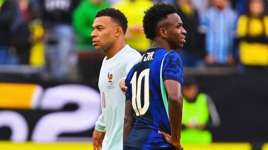 Kylian Mbappé e Vini Jr. no amistoso entre França e Brasil em março de 2026 — Foto: Instagram