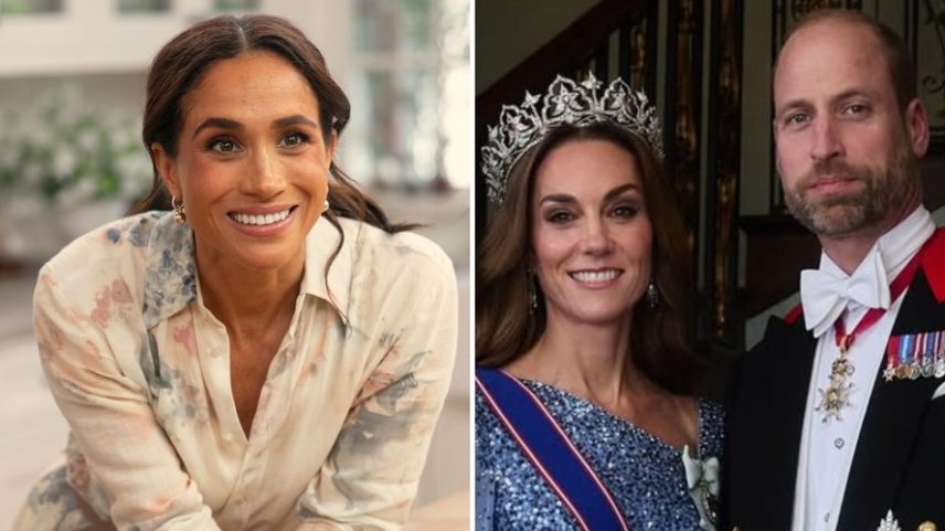 Meghan Markle no seu programa de lifestyle e Kate Middleton e William em evento oficial da Família Real