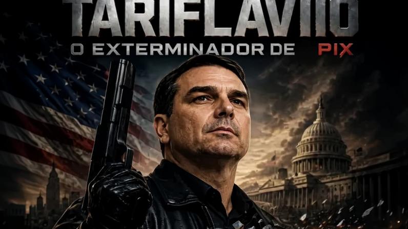 Na imagem, memes feitos com IA (inteligência artificial) vinculando o pré-candidato à Presidência, Flávio Bolsonaro, a tarifas