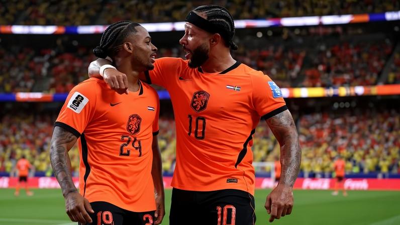 Memphis comemora com Summerville após dar assistência para o atacante marcar em Holanda X Suécia pela Copa do Mundo 2026