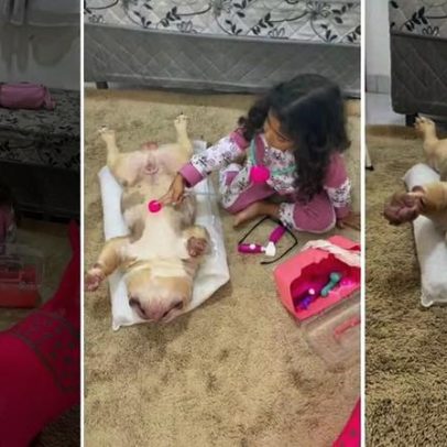 Menina brinca de médica com cachorro; reação do paciente viraliza