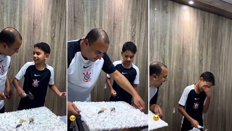 Bernardo não sabia, mas dentro do "bolo", estava o videogame que ele tanto queria — Foto: Reprodução/ Instagram