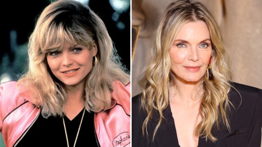 Michelle Pfeiffer em cena de 'Grease 2 - Os Tempos da Brilhantina Voltaram' (1982) e em março de 2026 — Foto: Divulgação/Getty Images
