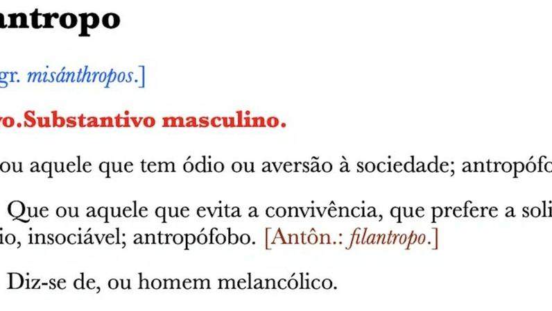 Na imagem, definições de misantropia segundo o Dicionário Aurélio