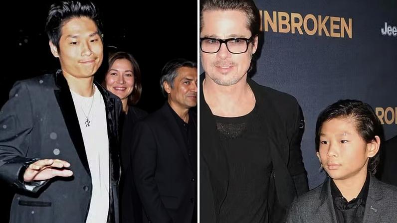 Pax e a mãe, Angelina Jolie, em foto de abril de 2024; ele com o pai, Brad Pitt, em registro antigo