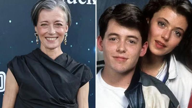 Mia Sara na exibição especial de 'A Vida de Chuck' no Hollywood Legion Theater em 2 de junho de 2025 em Los Angeles, Califórnia; ela com Matthew Broderick no material de divulgação de 'Curtindo a Vida Adoidado' (1986)