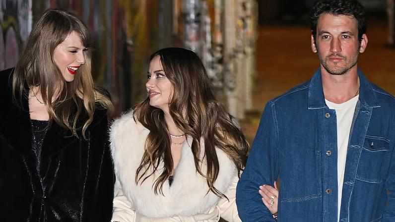 Taylor Swift, Keleigh Sperry e Miles Teller saem após comemorar o aniversário de 34 anos da cantora em 14 de dezembro de 2023, na cidade de Nova York