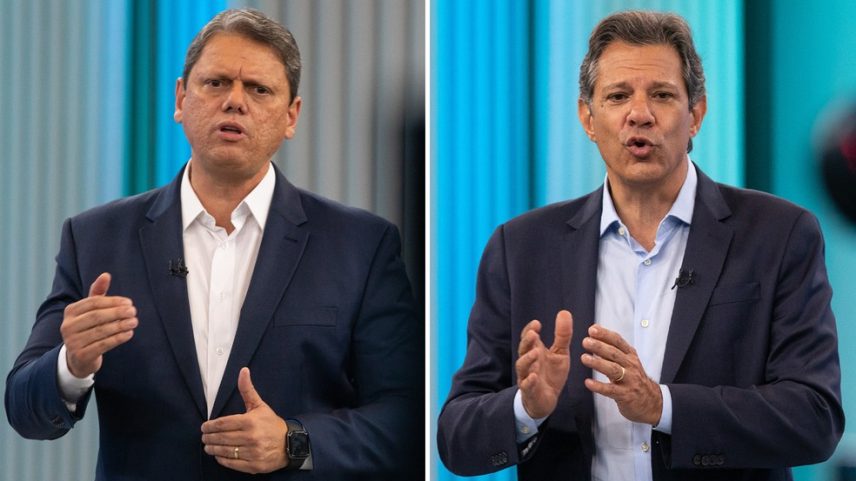 Tarcísio de Freitas e Fernando Haddad durante debate para governador de SP na Globo, em 2022. — Foto: Fábio Tito/g1