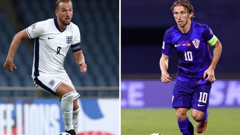 Montagem de fotos de Kane e Modric, astros de Inglaterra e Croácia