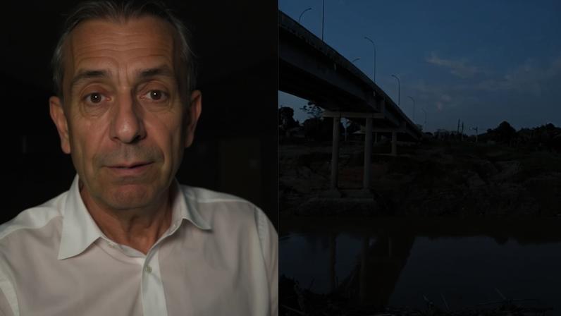 montagem com foto de juiz Edinaldo Muniz e de ponte que desabou