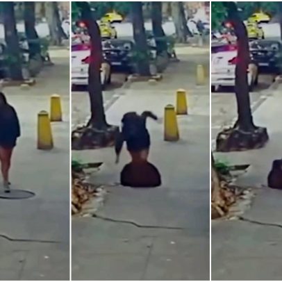 Mulher tropeça em tampa de bueiro no RJ enquanto olhava o celular